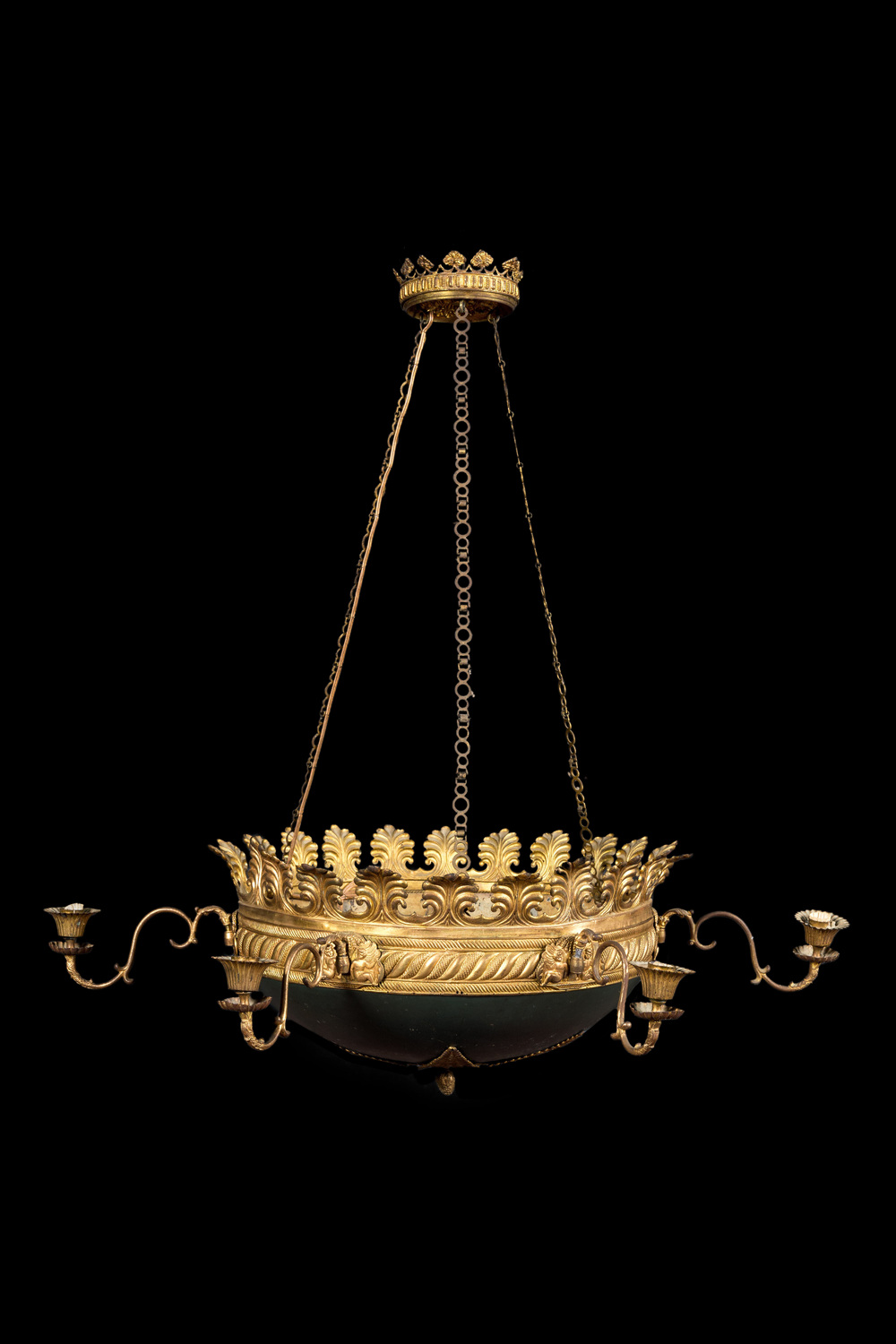 A French neoclassical green-patined and partly gilt brass chandelier, 19th C.