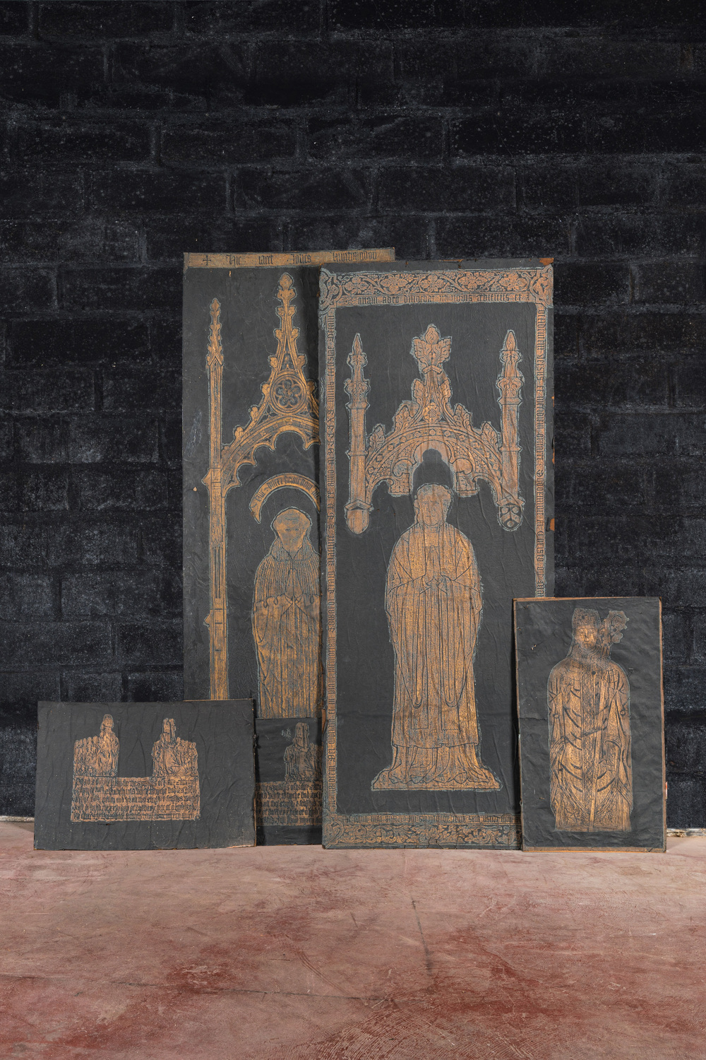 Four English Gothic Revival prints after gothic tombstones, 19th C.