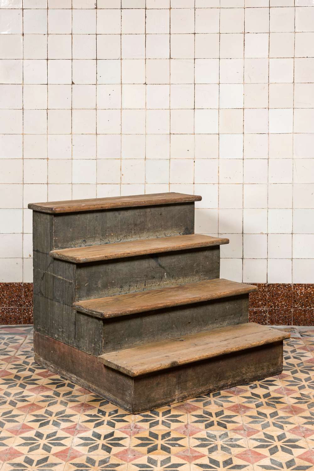 A partly painted pine staircase, 19th C.