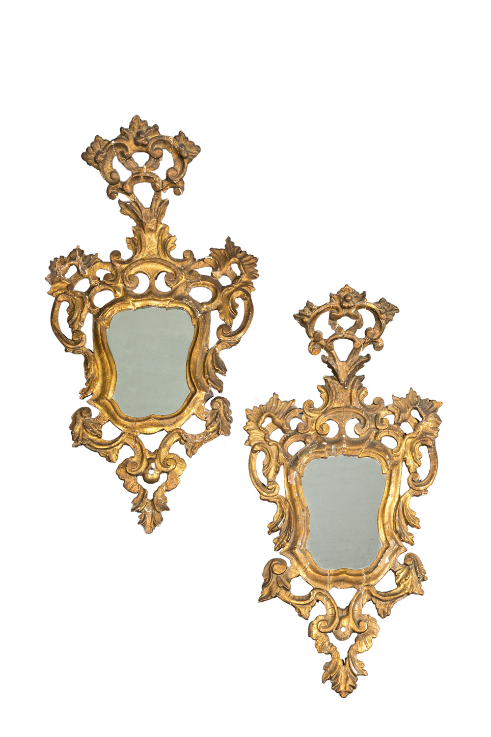 A pair of Italian Louis XV-style gilt and open worked wooden wall mirrors, 18th C.