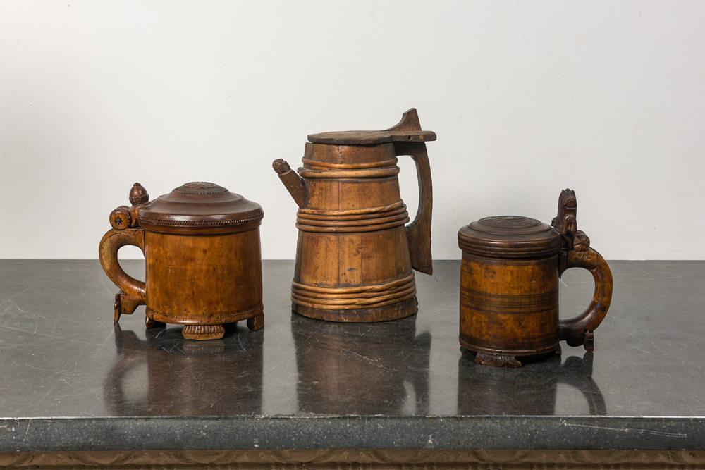 Drie houten bierpullen, Scandinavi&euml; of Duitsland, 17/19e eeuw