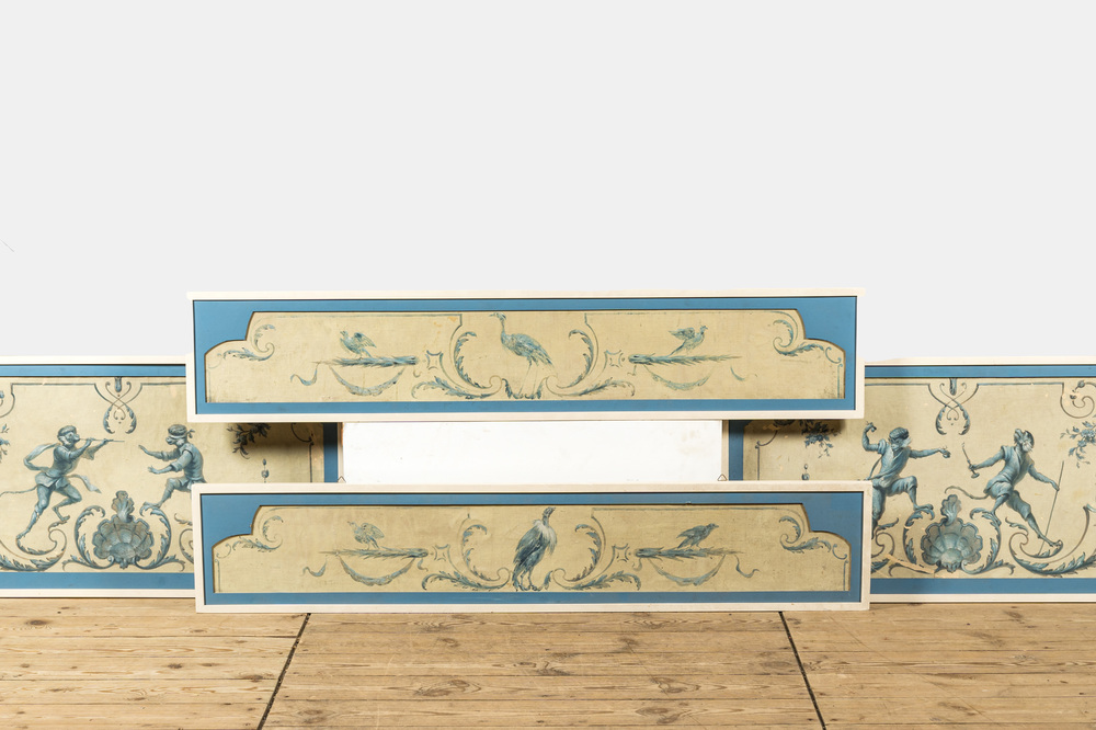 Four French polychrome wall coverings with monkeys and birds, 19th C.