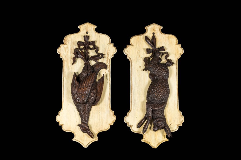 Two carved wooden 'Black Forest' hunting trophies of a goose and a hare, Switzerland, 19th C.