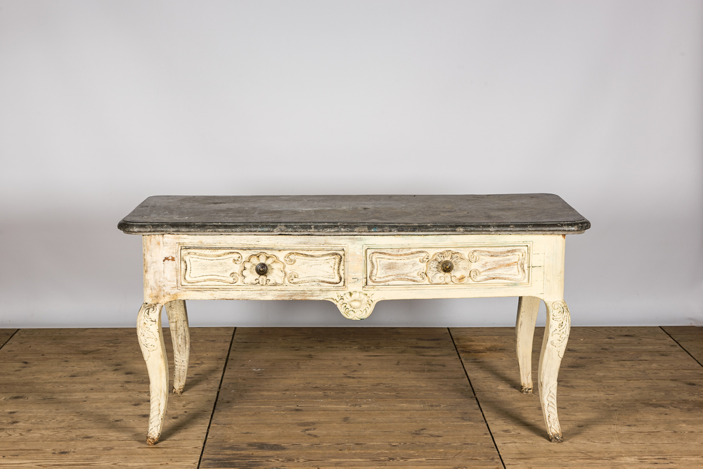 A Louis XV-style patinated oak wooden console table with bluestone top, 18/19th C.