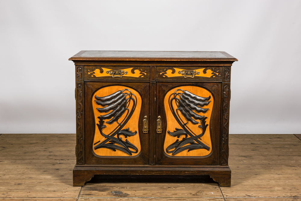 A partly veneered oak wooden Art Nouveau-style linen cupboard with marble top, 20th C.