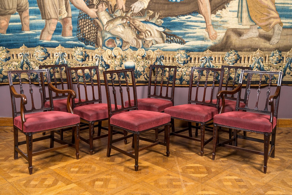 Six English mahogany chairs and a pair of armchairs, 19th C.