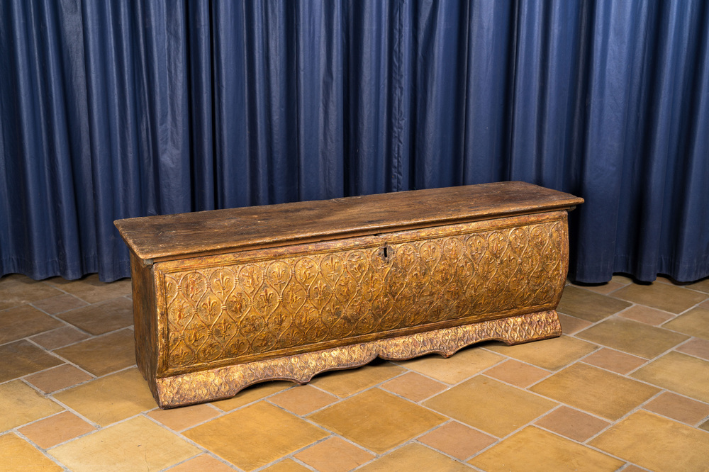 An Italian wooden 'pastiglia' coffer with Fleur-de-lis and rampant lions, Florence, 16th C.