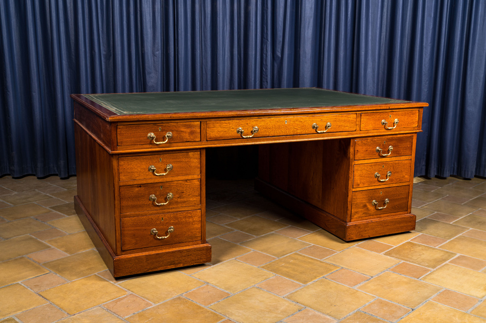 A Hobbs &amp; Co Regency Lever London mahogany partners desk with a leather writing surface, ca. 1900
