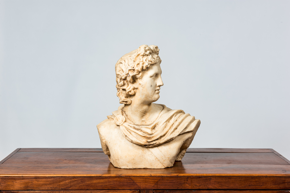 Buste d'Apollon en marbre sculpt&eacute;, Italie, 19&egrave;me