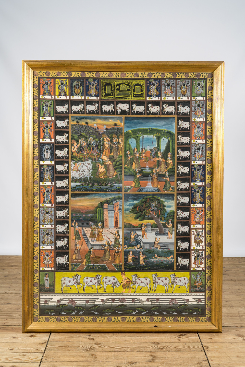 A large four-miniature oil and ink on textile painting, India, 20th C.