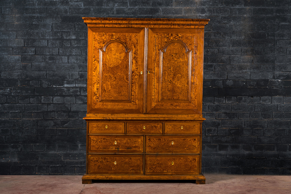 A Dutch mahogany and rootwood veneer cabinet, The Netherlands, 19th C.