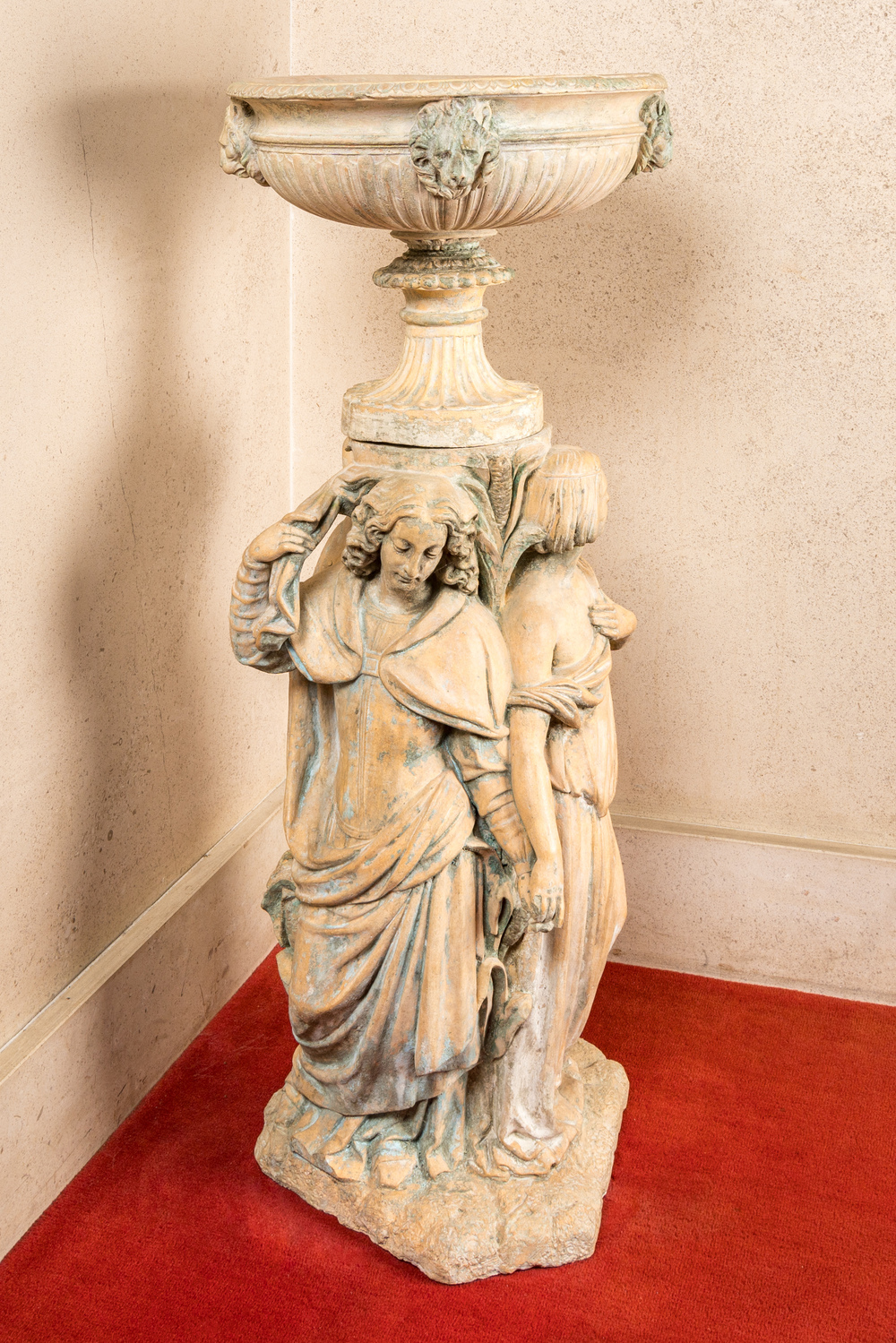 A fine terracotta jardini&egrave;re on figurative stand, 19th C.