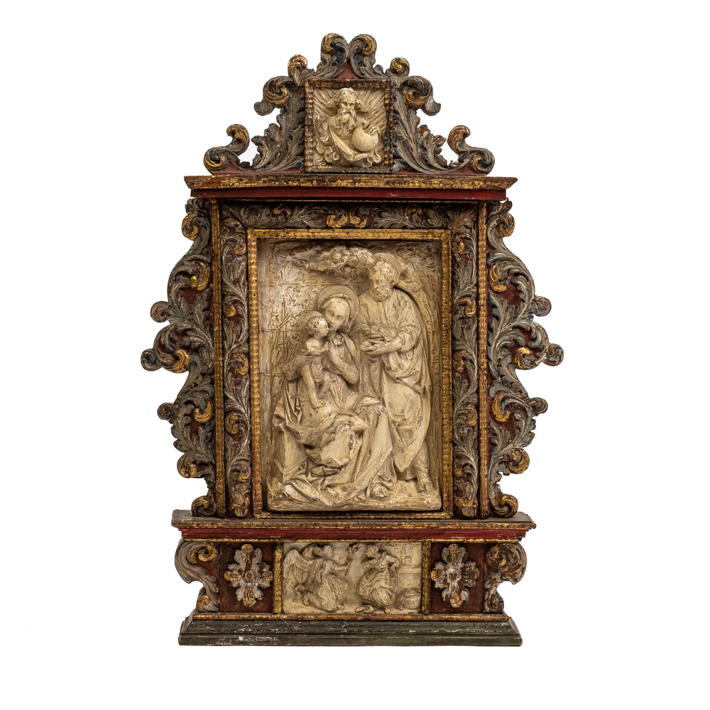 Huisaltaar in polychroom en verguld hout met de Heilige Familie, Itali&euml; of Spanje, 17e eeuw