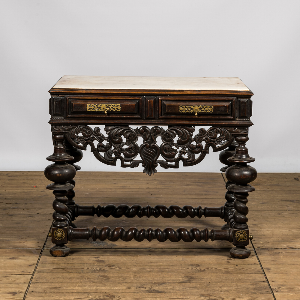 A Spanish brass mounted walnut console table with marble top, 19th C.