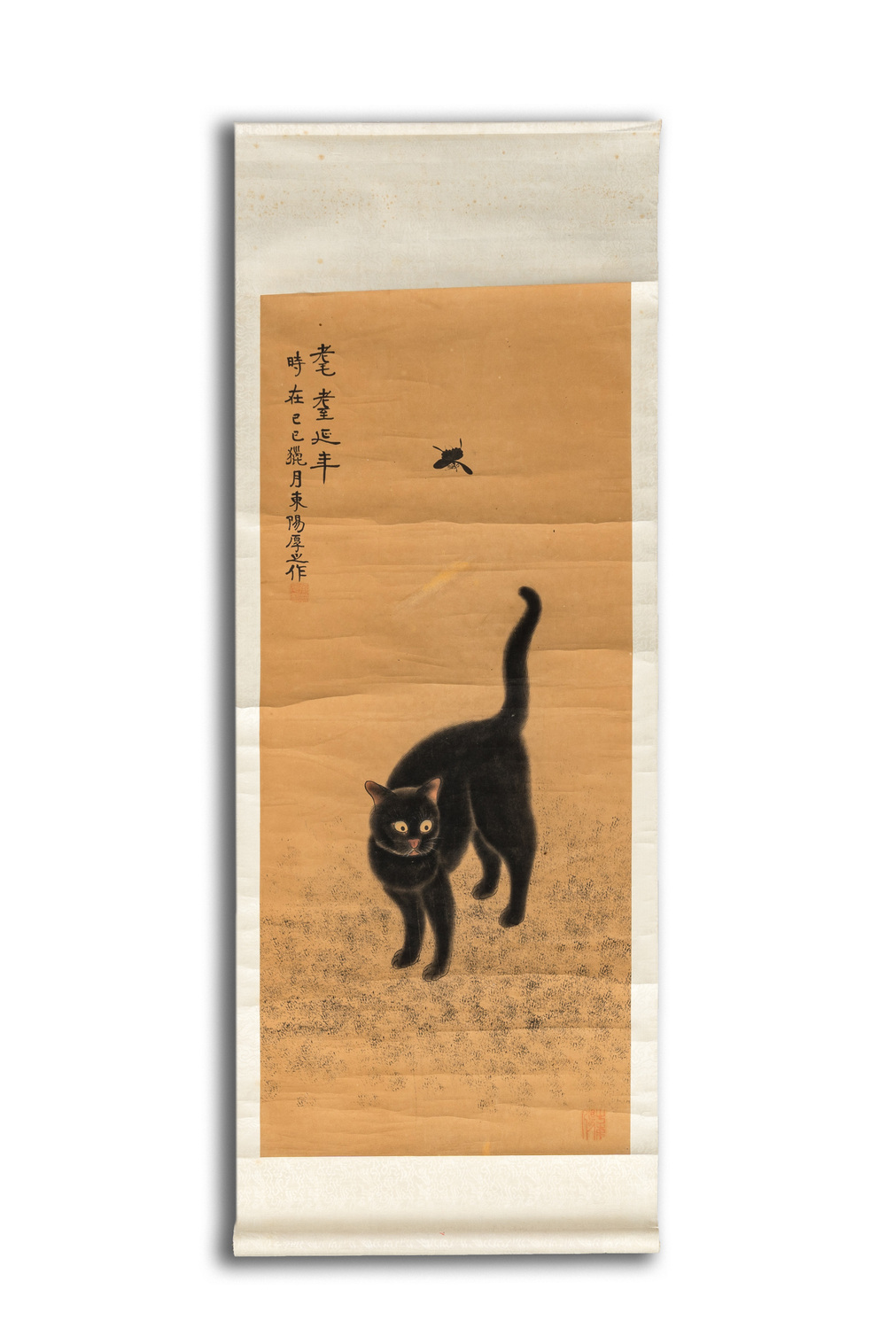 Ecole chinoise ou japonaise: Le chat et le papillon, encre et couleurs sur papier, 20&egrave;me