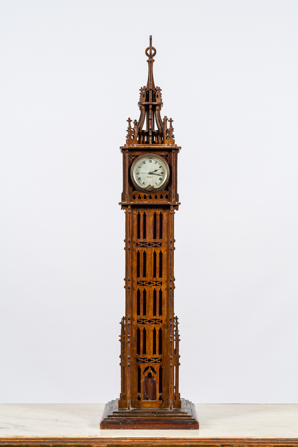 An English Gothic Revival wooden 'Big Ben' tower clock, ca. 1900