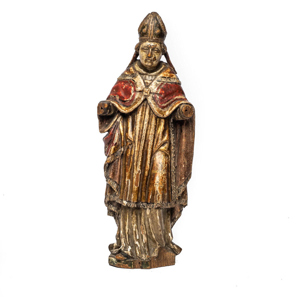 Saint &eacute;v&ecirc;que en tilleul polychrome et dor&eacute;, 18&egrave;me