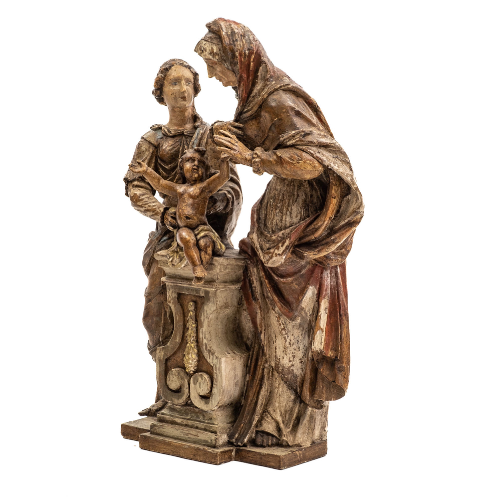 Sainte Anne trinitaire en bois sculpt&eacute;, polychrom&eacute; et dor&eacute;, probablement Italie, 17&egrave;me