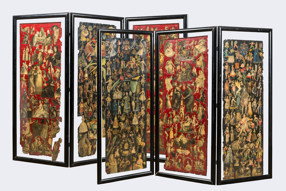 A pair of three-part black lacquered folding screens with collages of historical characters, 19/20th C.