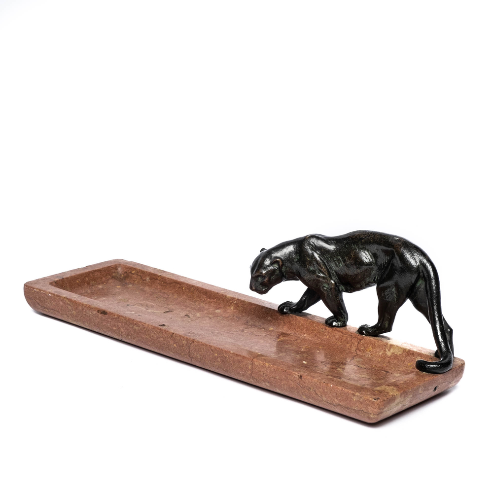 A marble pencil case with a patinated bronze panther, 20th C.