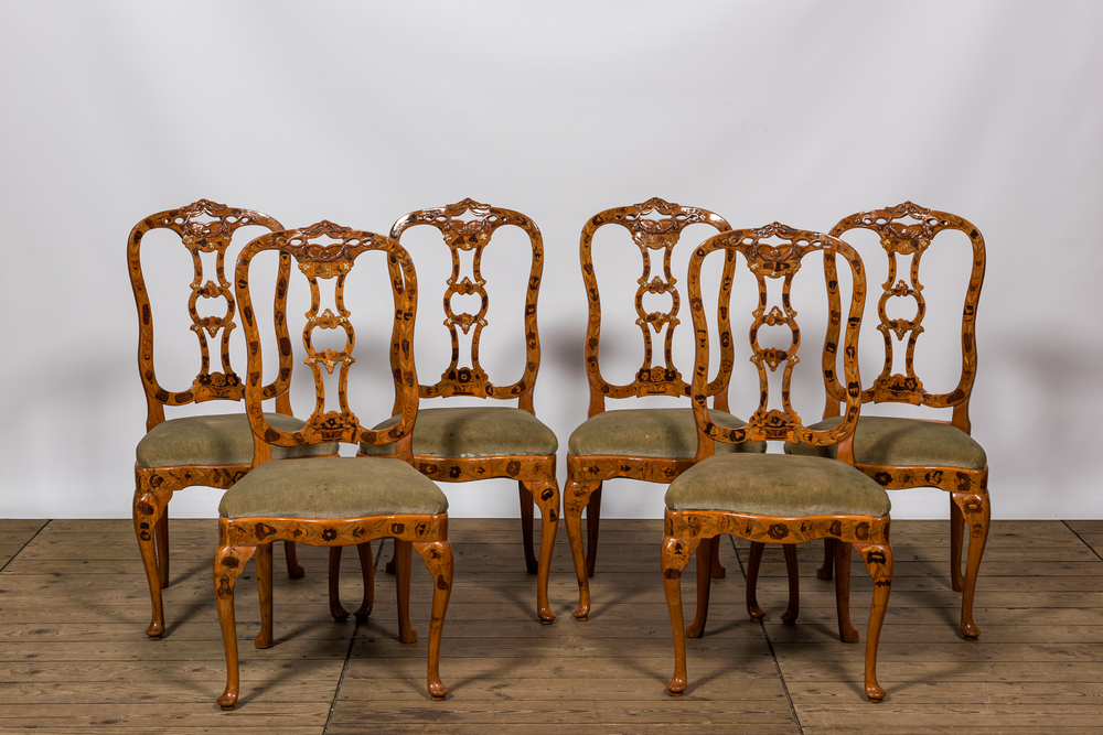 Six chaises en bois fruitier et marqueterie &agrave; d&eacute;cor floral, Hollande, 19&egrave;me