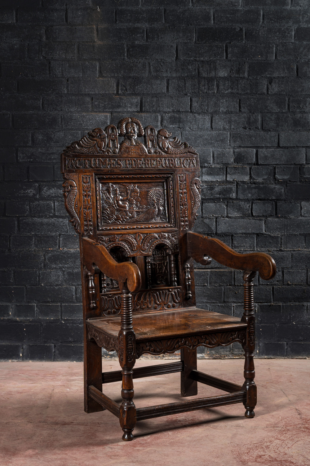 A 17th C.-style English oak Wainscot chair with Juno in her carriage drawn by peacocks, 19th C.