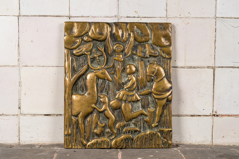 Plaque en bronze &agrave; d&eacute;cor du 'Vision de Saint Hubert', 17&egrave;me ou apr&egrave;s