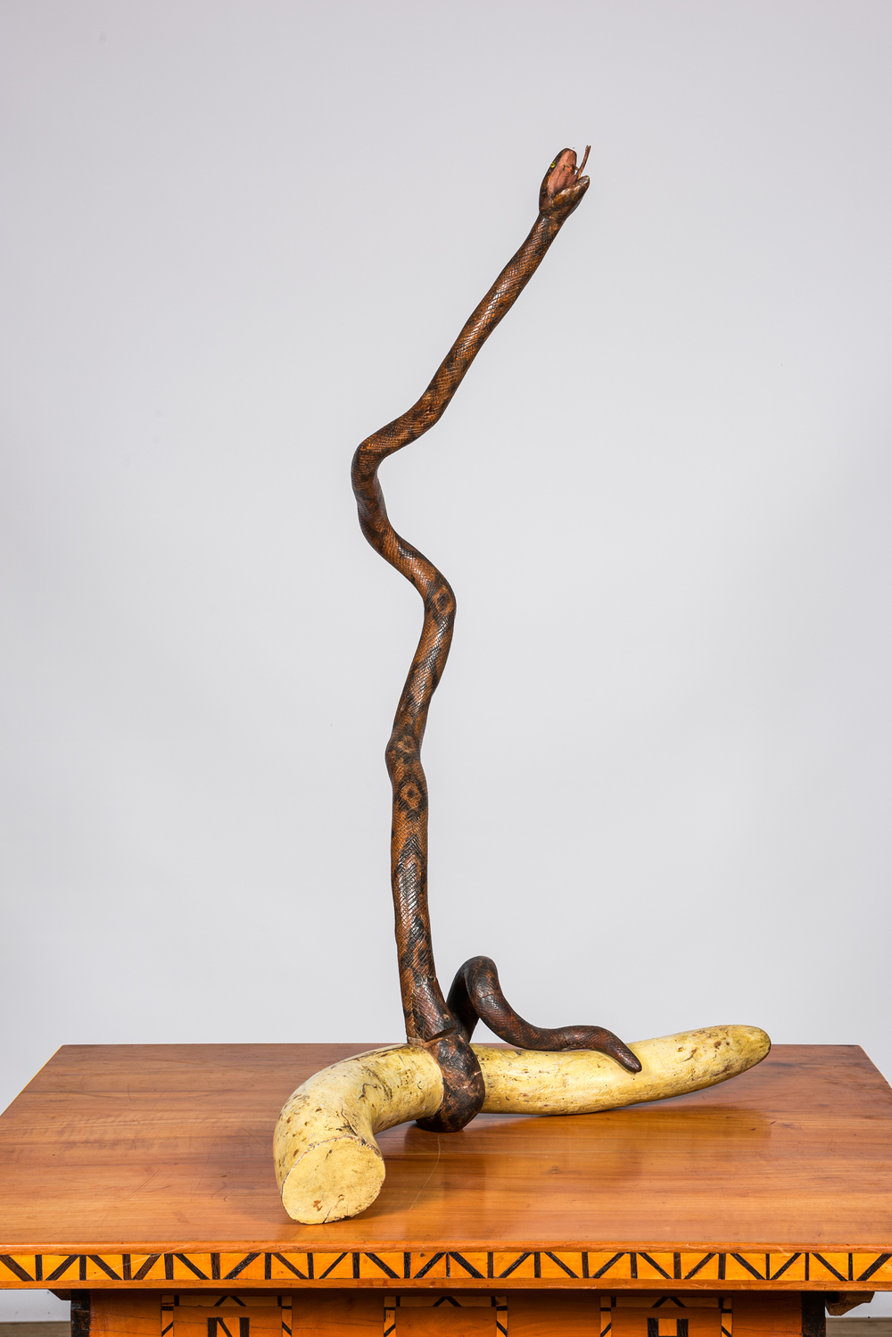 Sculpture en bois polychrome figurant un serpent s'enroulant une d&eacute;fense d'&eacute;l&eacute;phant, probablement Inde, vers 1900