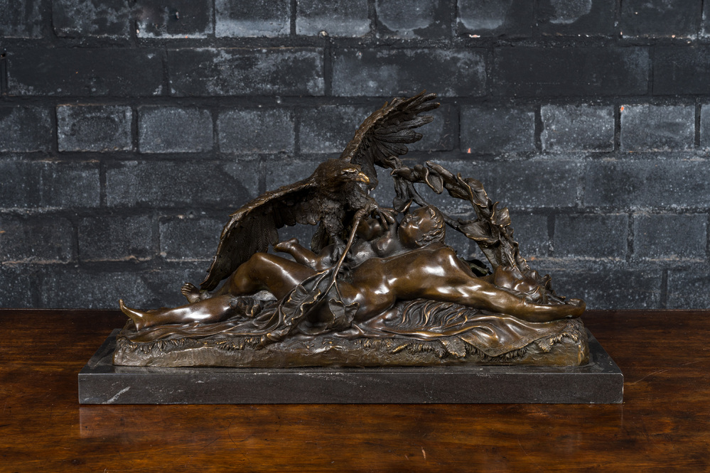 &Eacute;mile Louis Truffot (1843-1896, apr&egrave;s): L&eacute;da et la cygne, bronze patin&eacute; sur socle en marbre