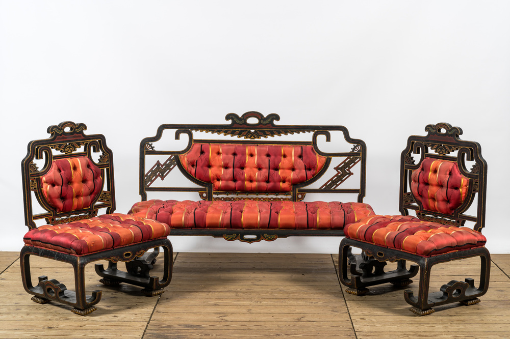 A French oriental inspired three-piece salon set including a sofa and a pair of armchairs, 19th C.