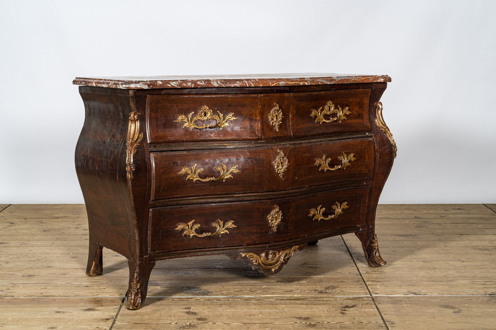 A French Louis XV-style bronze mounted chest of drawers with marble top, 19th C.