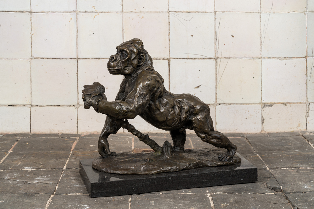 Rembrandt Bugatti (1884-1916, after): Gorilla, patinated bronze on a marble base