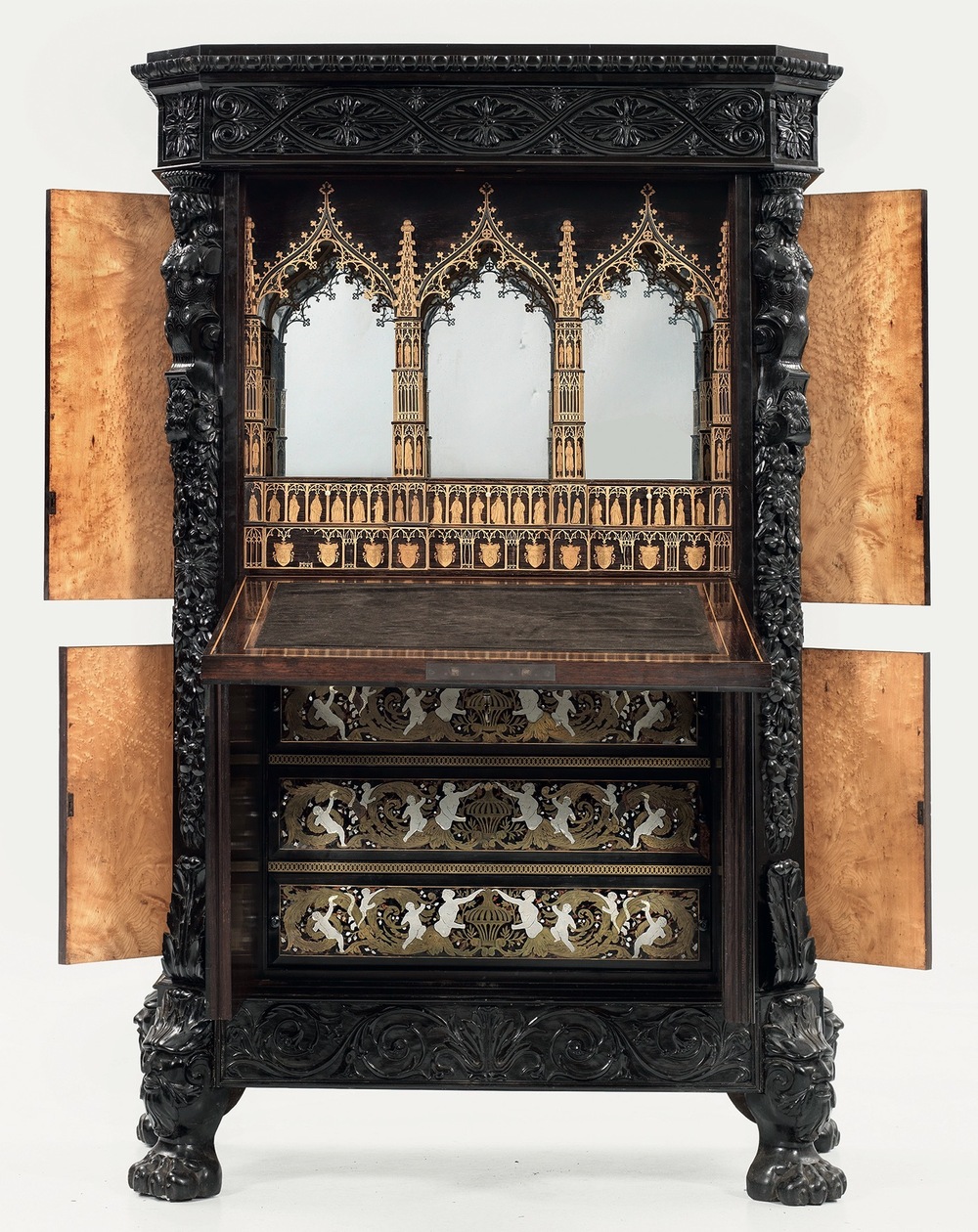 Cabinet exceptionnel de style n&eacute;o-gothique en bois incrust&eacute;, atelier inconnu dans la r&eacute;gion de Gand, Flandres, 19&egrave;me