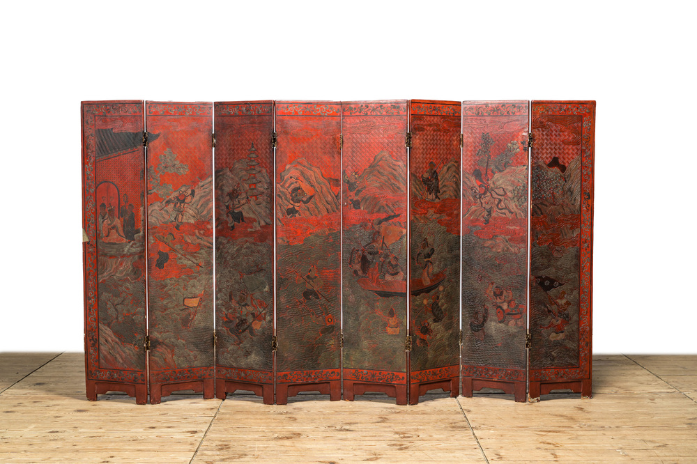 A Chinese red- and black-lacquered eightfold panel with a battle scene and a landscape with birds, 1st half 20th C.