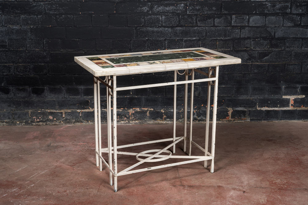 A pietra dura console table with white-lacquered wrought iron base, 19/20th C.