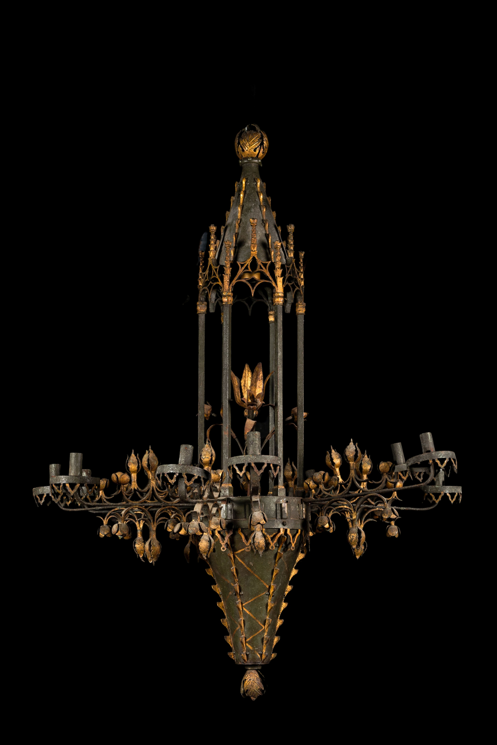 A Gothic Revival polychrome and partly gilt chandelier, ca. 1900