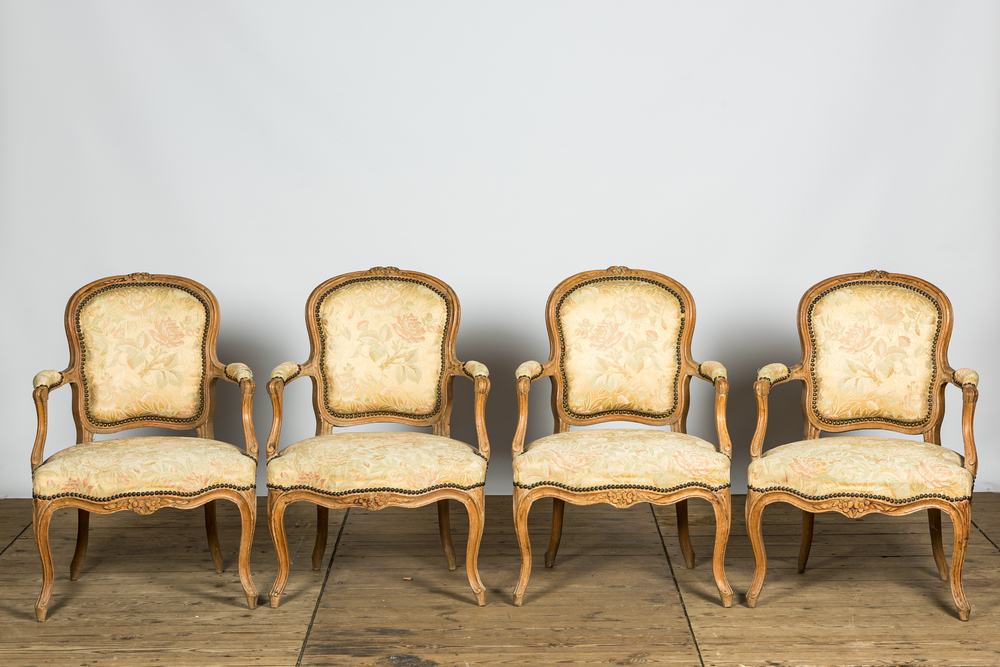 Four French wooden Louis XV-style armchairs, 19th C.
