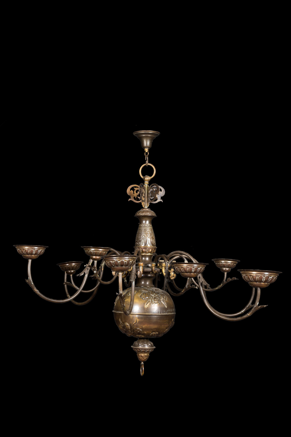 A large punched brass ball chandelier, 19th C.