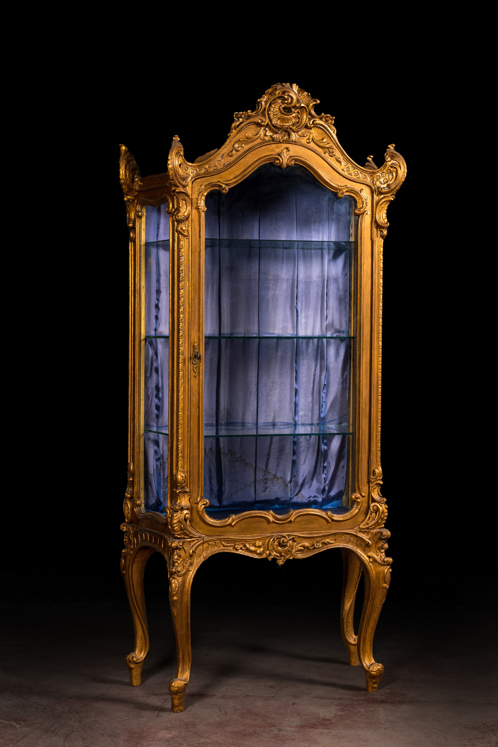 A richly carved gilt wooden Rococo-style display cabinet, 19th C.