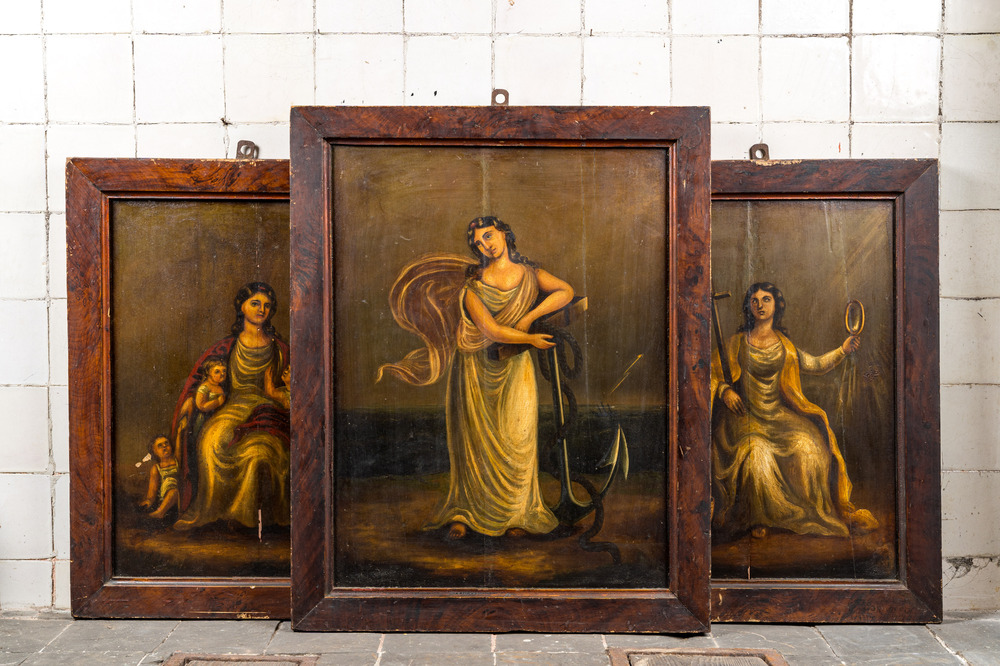 European school: Three panels depicting devote muzes, oil on panel, 19th C.