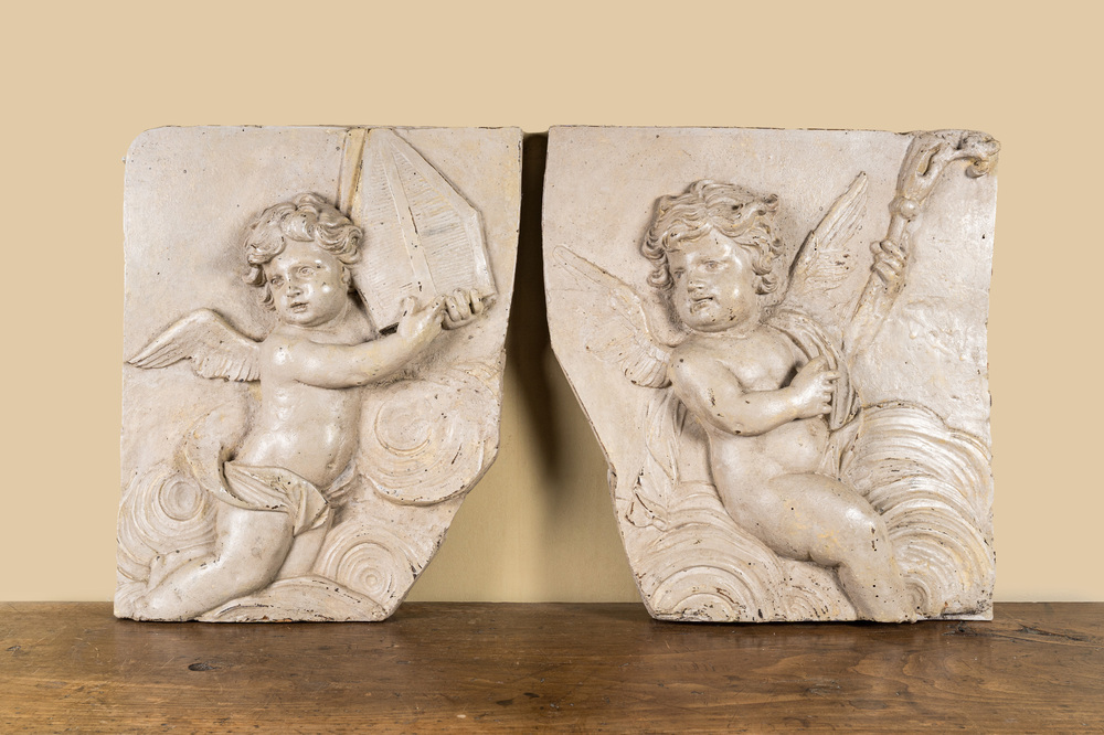 Two French patinated wooden reliefs with putti wearing cardinal attributes, 17/18th C.