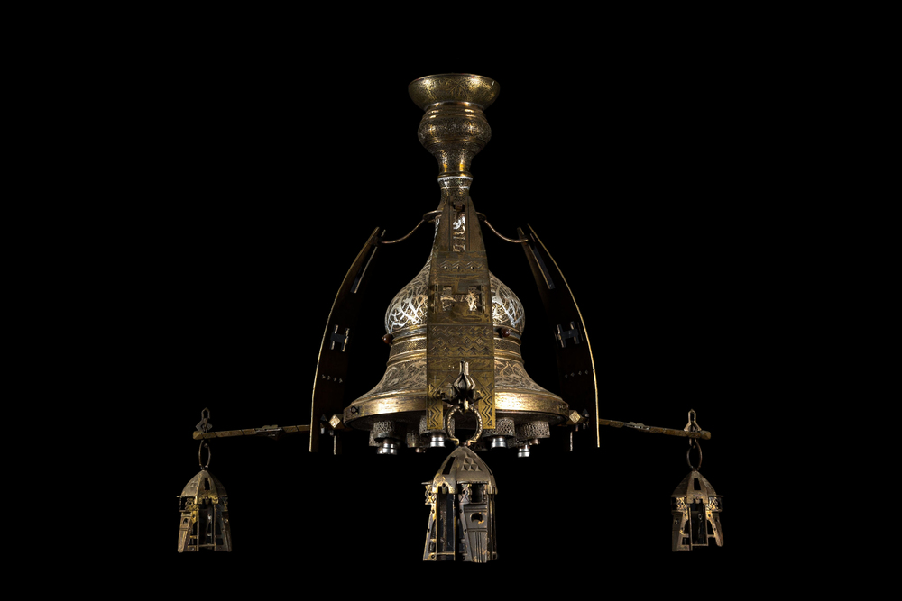 A large gilt and tinned copper and bronze chandelier in Mamluk style, Northern Africa, mid 20th C.