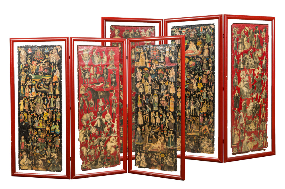 A pair of three-part red lacquered folding screens with collages of historical characters, 19/20th C.