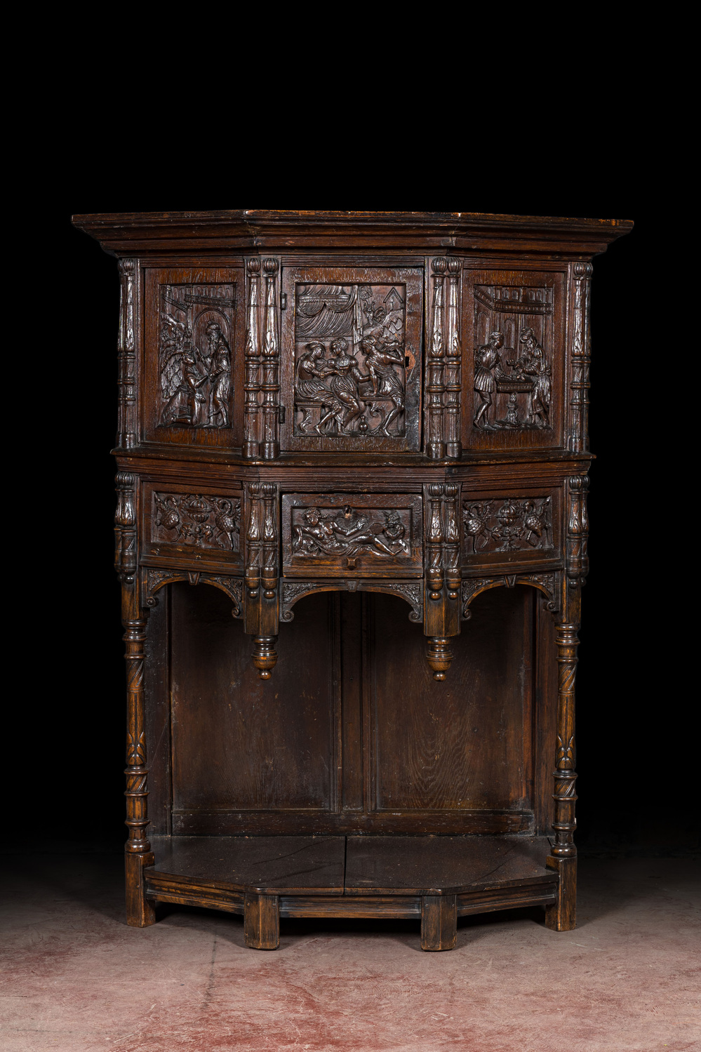 A carved oak wooden credenza, 17th C. with later elements