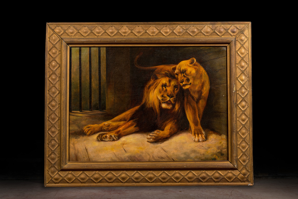 Ecole europ&eacute;enne: Lion et lionne, huile sur toile, 20&egrave;me