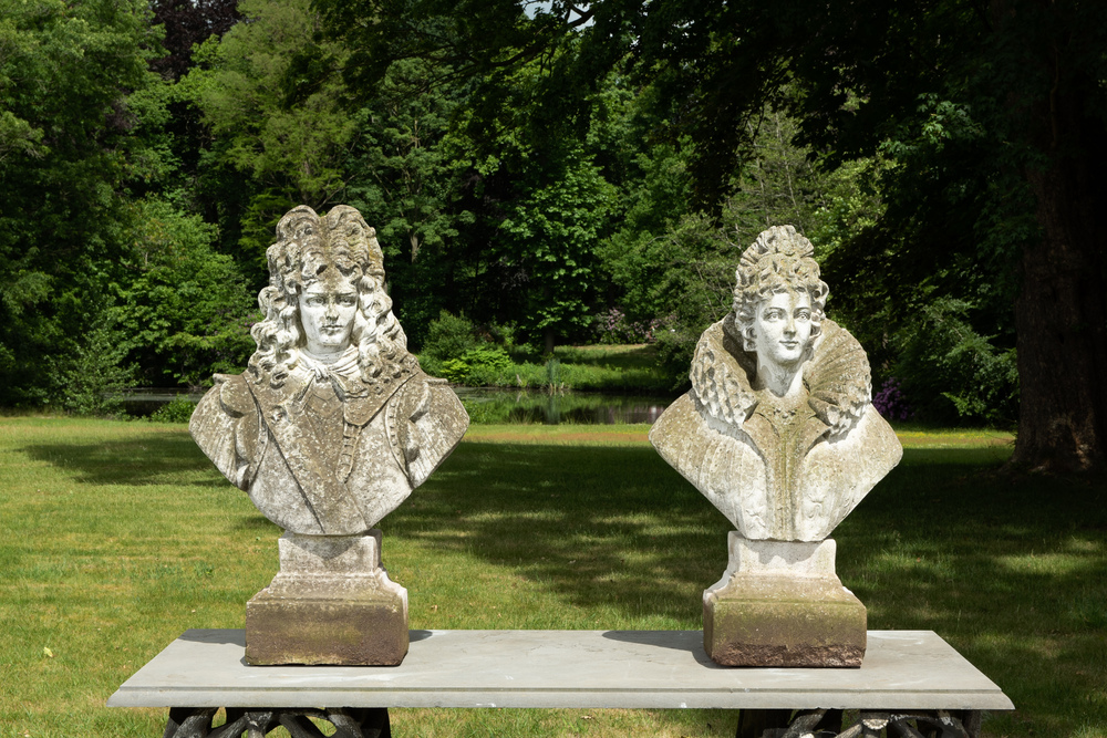 A pair of impressive composite stone busts of a couple of 17th C. royals, 20th C.