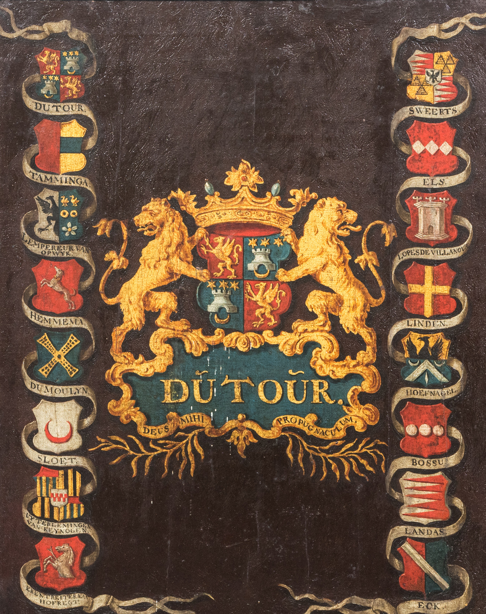 A painted canvas with the arms of Dutour surrounded by allied crests, 18th C.