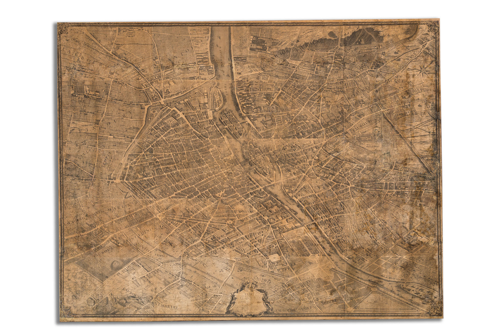 Michel Etienne Turgot (1690-1751): Plan van Parijs, gegraveerd op papier, op houten drager gemonteerd, ca. 1739