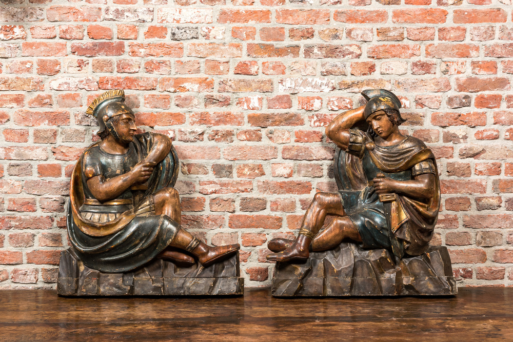 A pair of polychrome wooden sculptures of Roman soldiers, 18th C.