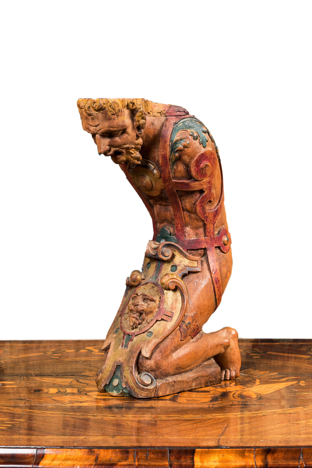 A polychrome wooden support in the shape of a kneeling soldier, 18/19th C.